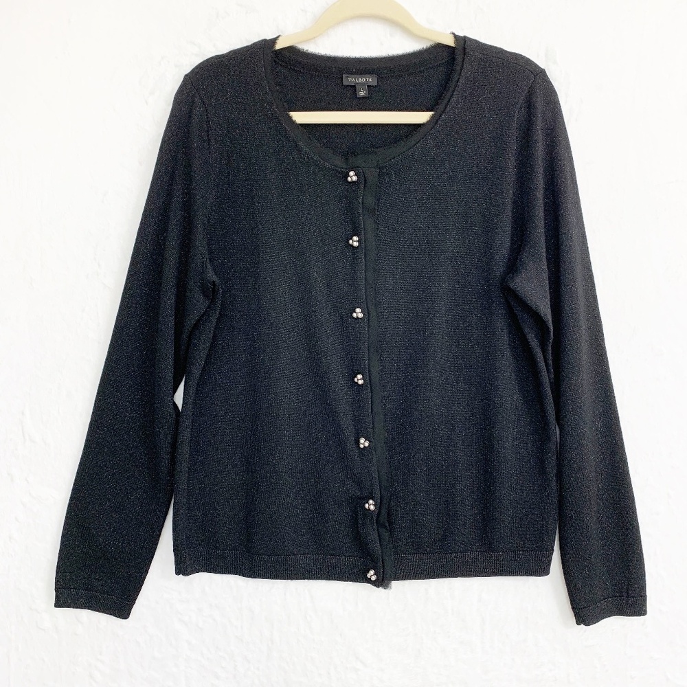 Talbots Merino Wool Blend Metallic Faux Pearl Button Front Cardigan Black Sz L